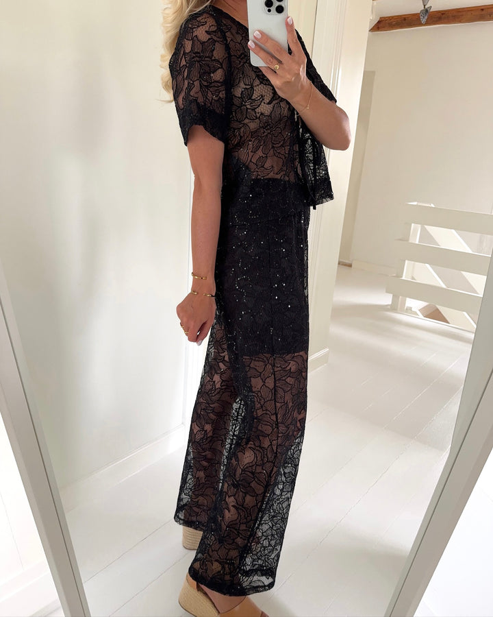Pieces bukser louise hw straight tone black black sequins