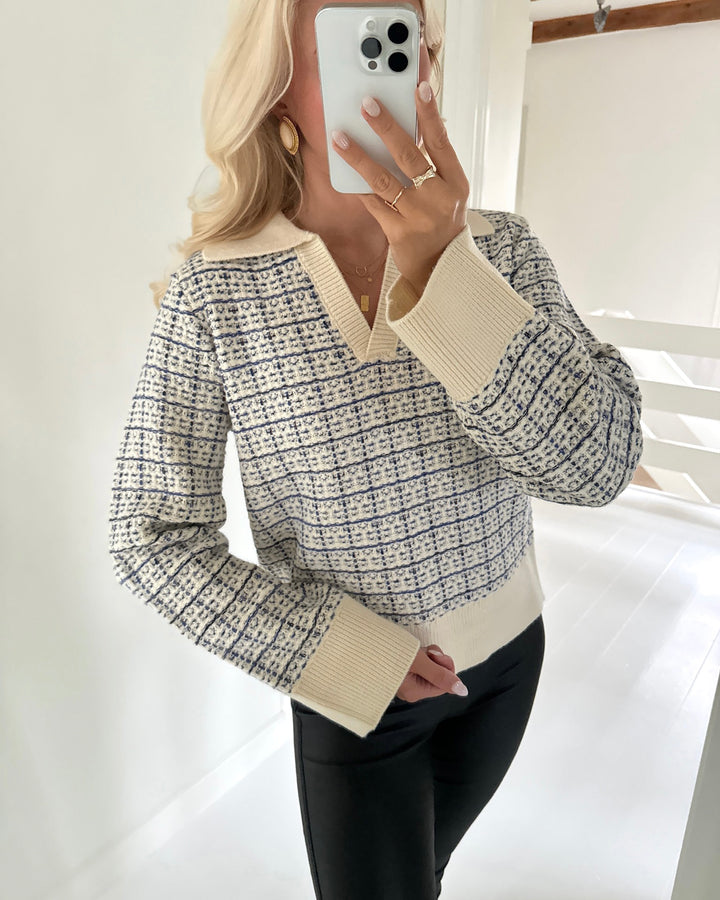 Y.A.S striktrøje livia ls v-neck knit birch/dazzling blue