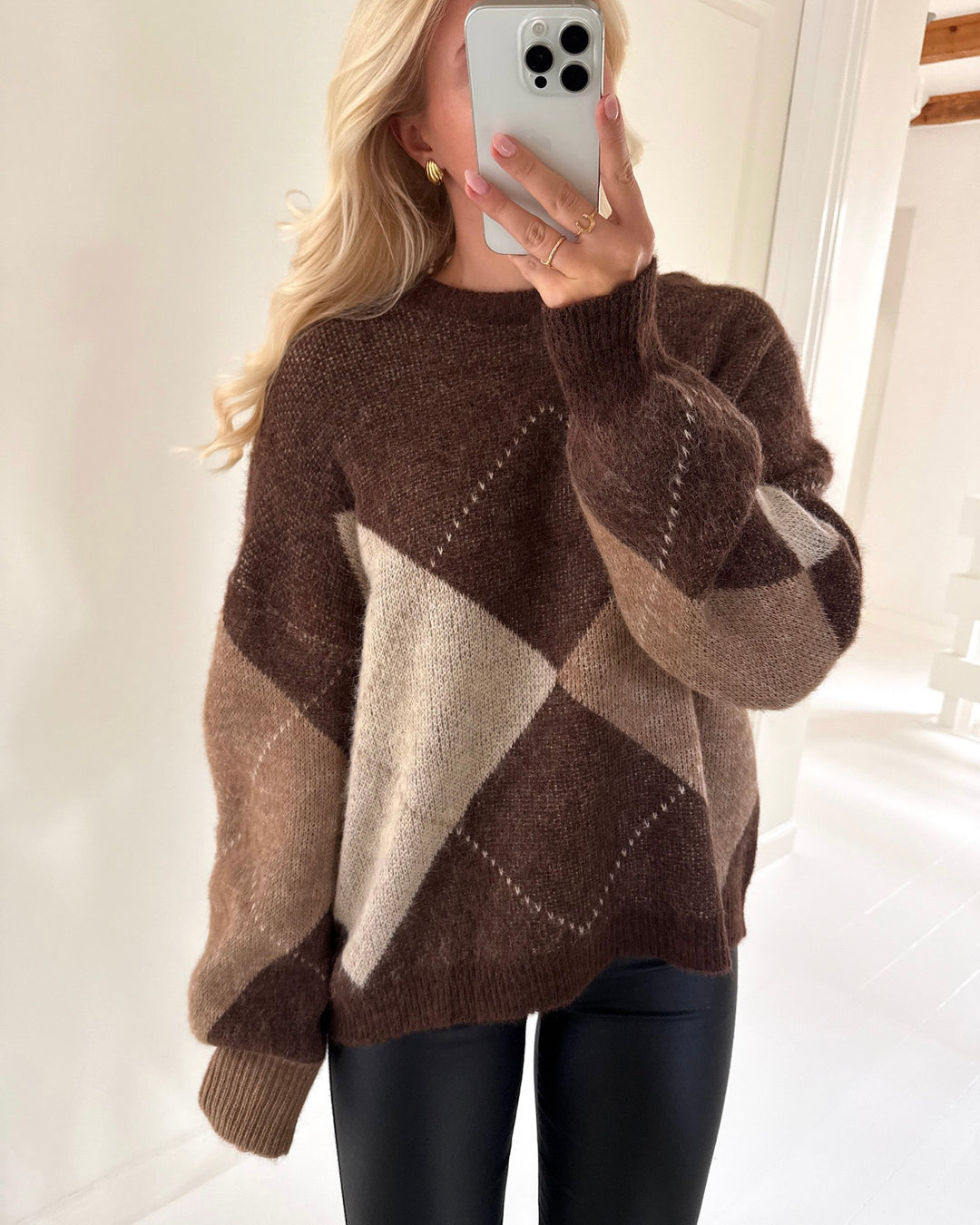 Only striktrøje noeme life ls o-neck knit chestnut cocoa creme/biscotti/melange/argyle