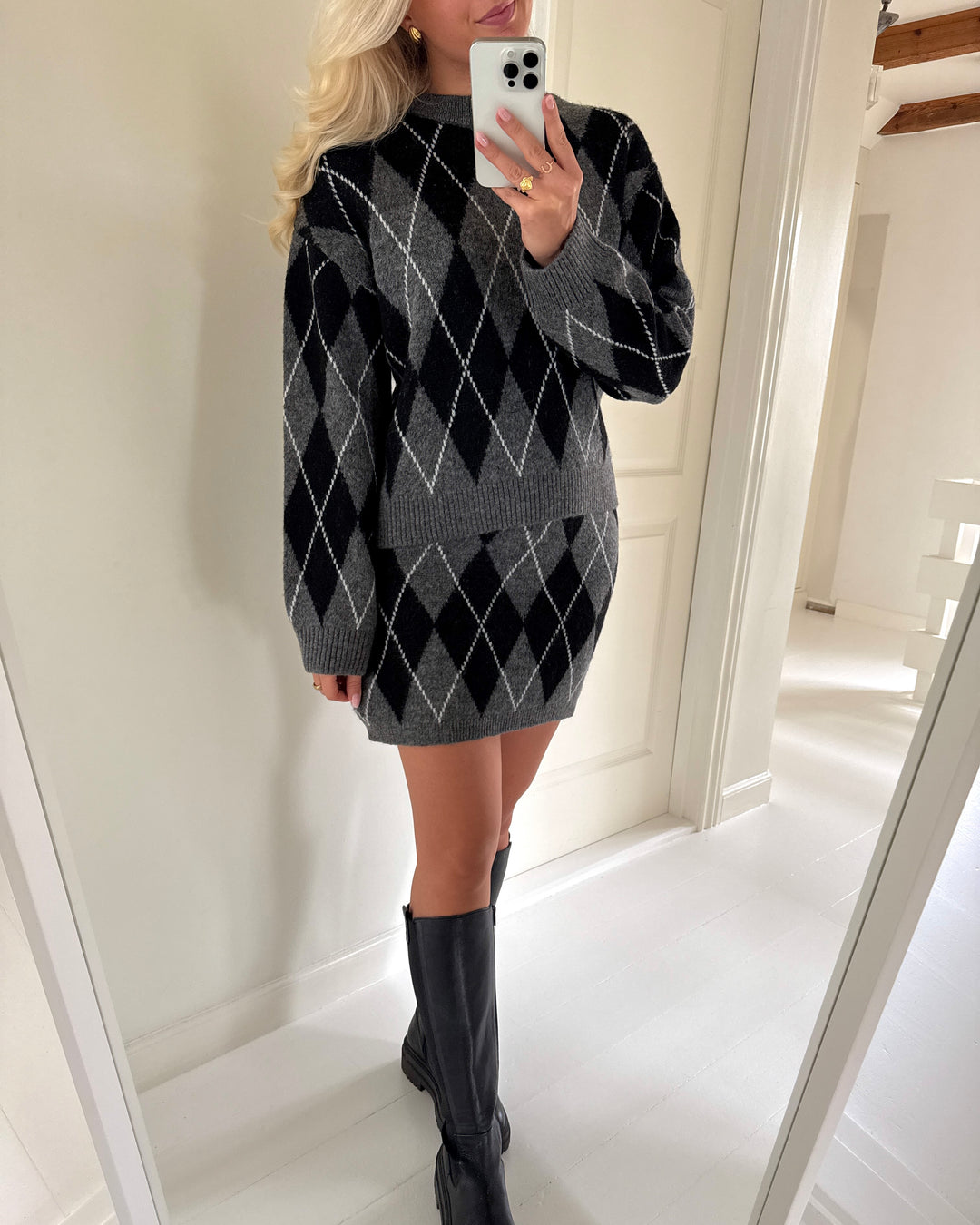 JDY nederdel bianka hw knit dark grey melange argyle