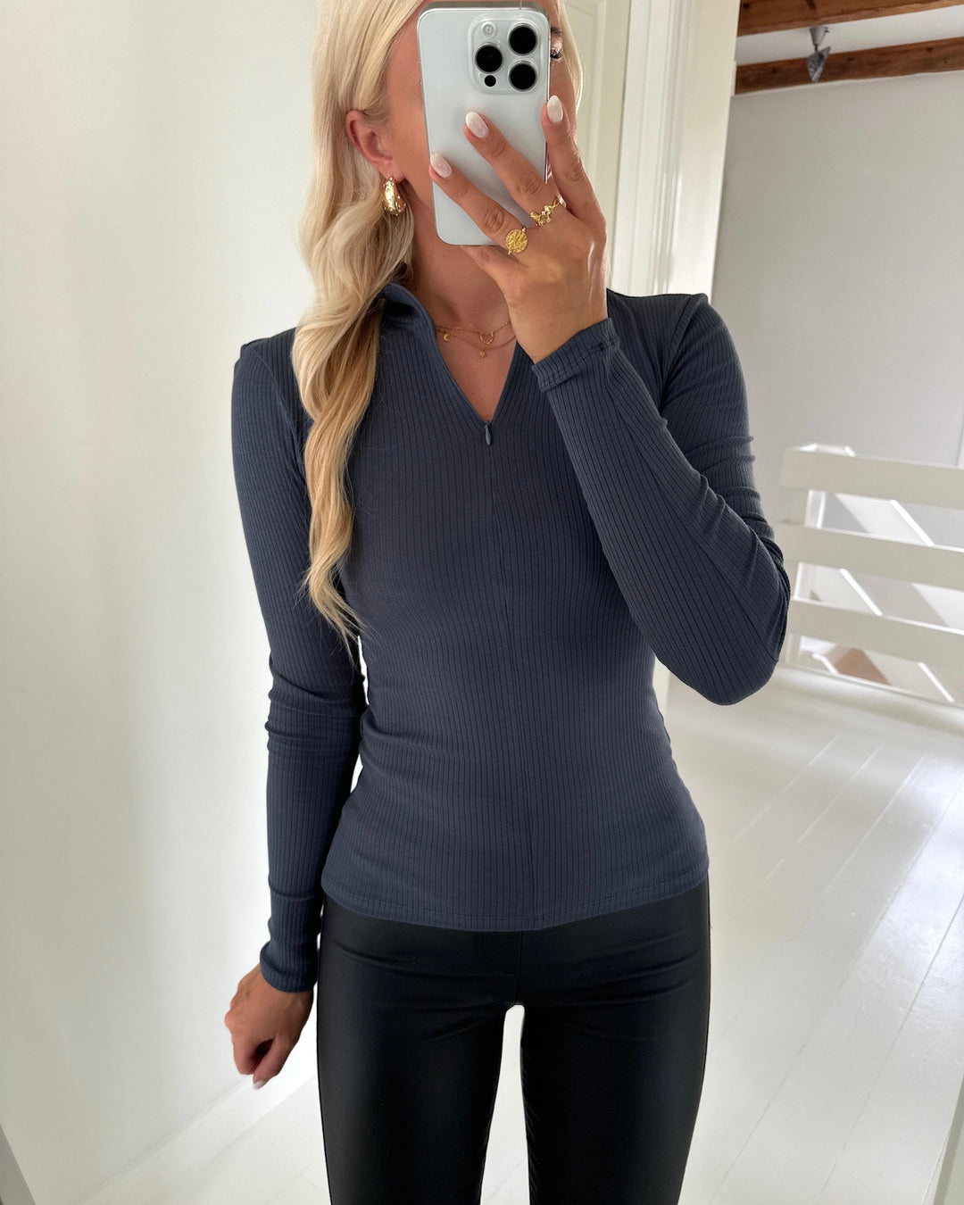 Pieces bluse kitte zip ls t-neck ombre blue