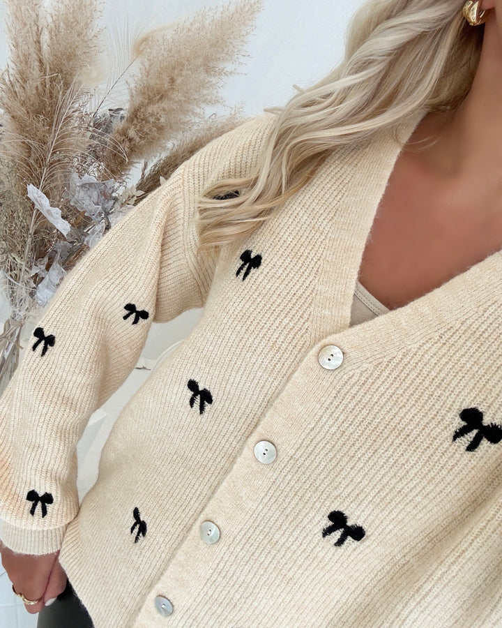 Y.A.S cardigan bow ls embroided knit s. birch/black bow