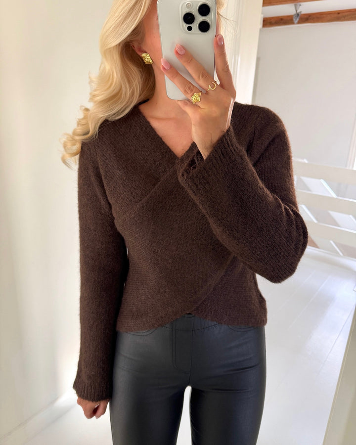 Only striktrøje maggie ls cross v-neck knit coffee bean melange