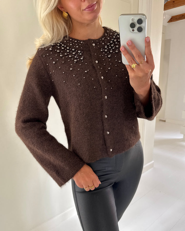 Only cardigan miggie ls o-neck pearl knit coffee bean melange/silver metal pearl