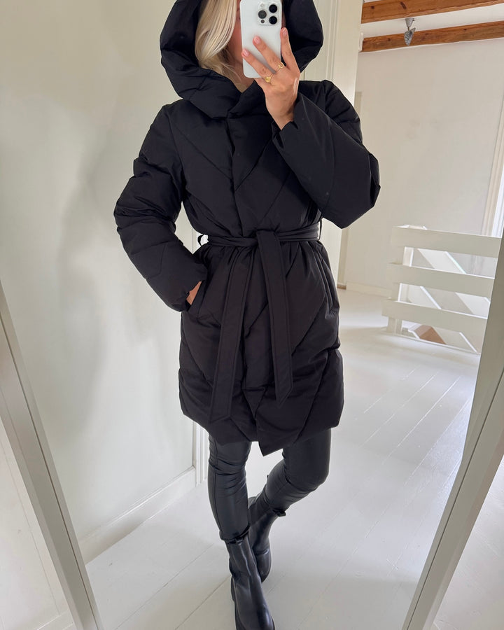 JDY vinterjakke villon long hood belt puffer black
