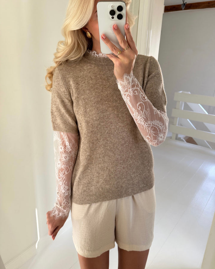 Vero Moda bluse willow lace sleeve knit silver mink white lace sleeves
