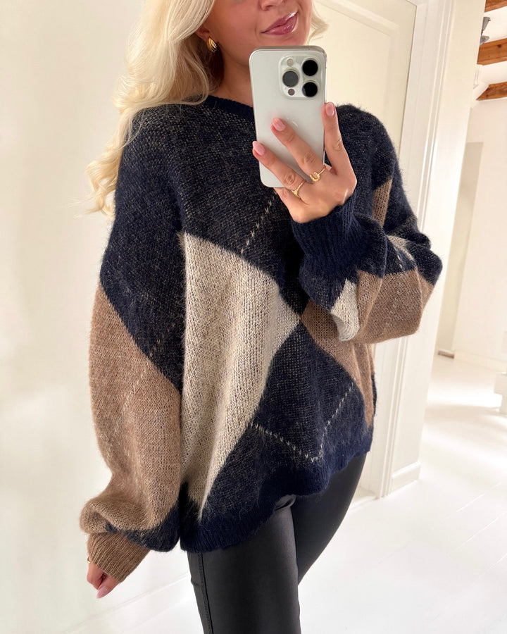 Only striktrøje noeme life ls o-neck knit night sky cocoa creme/biscotti/melange/argyle