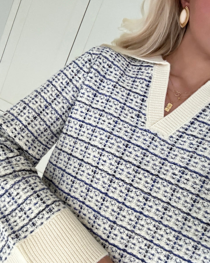 Y.A.S striktrøje livia ls v-neck knit birch/dazzling blue