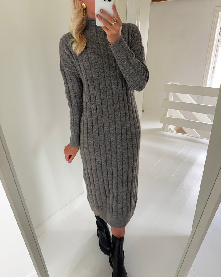 Vero Moda strikkjole willa ls funnelneck 7/8 medium grey melange