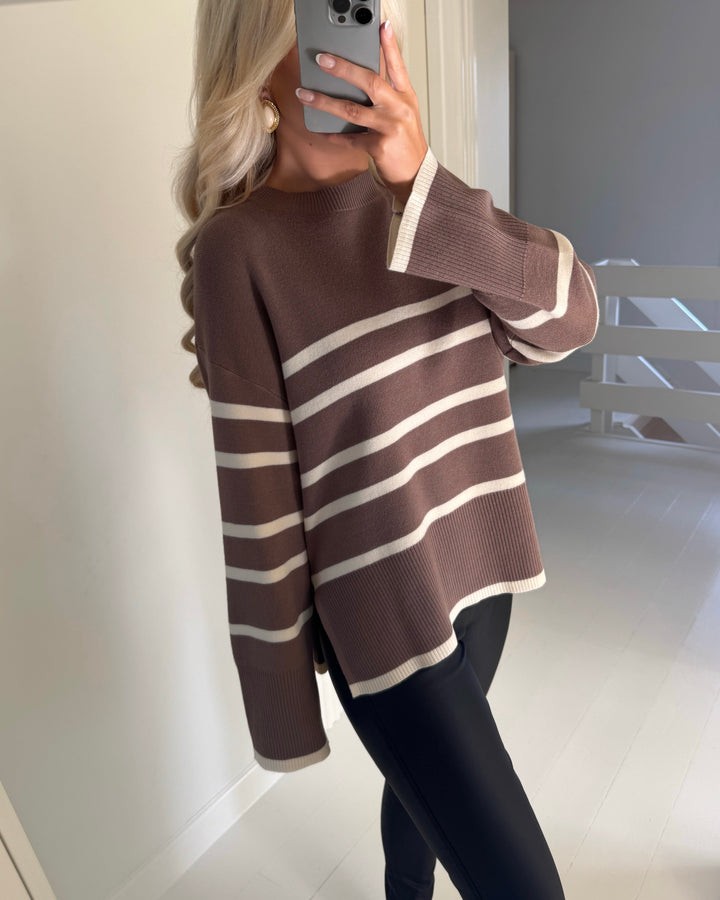 Vero Moda trøje saba ls o-neck stripe brown lentil w/birch