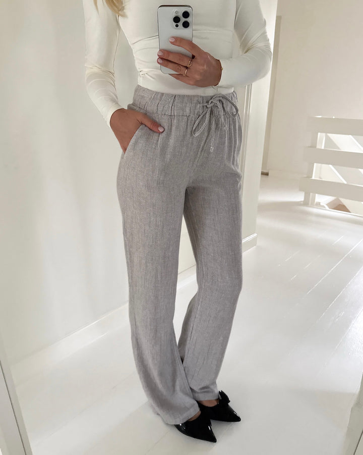 Vero Moda bukser line mr wide linen mix stripe moon rock snow white