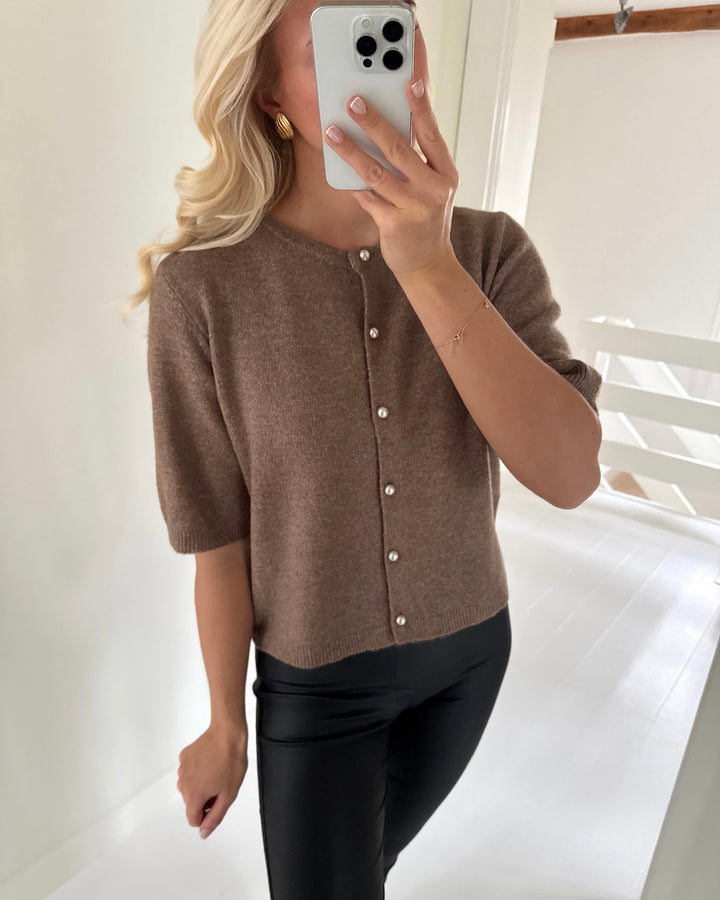 JDY cardigan rue life 2/4 pearl caribou/melange w. white pearl button