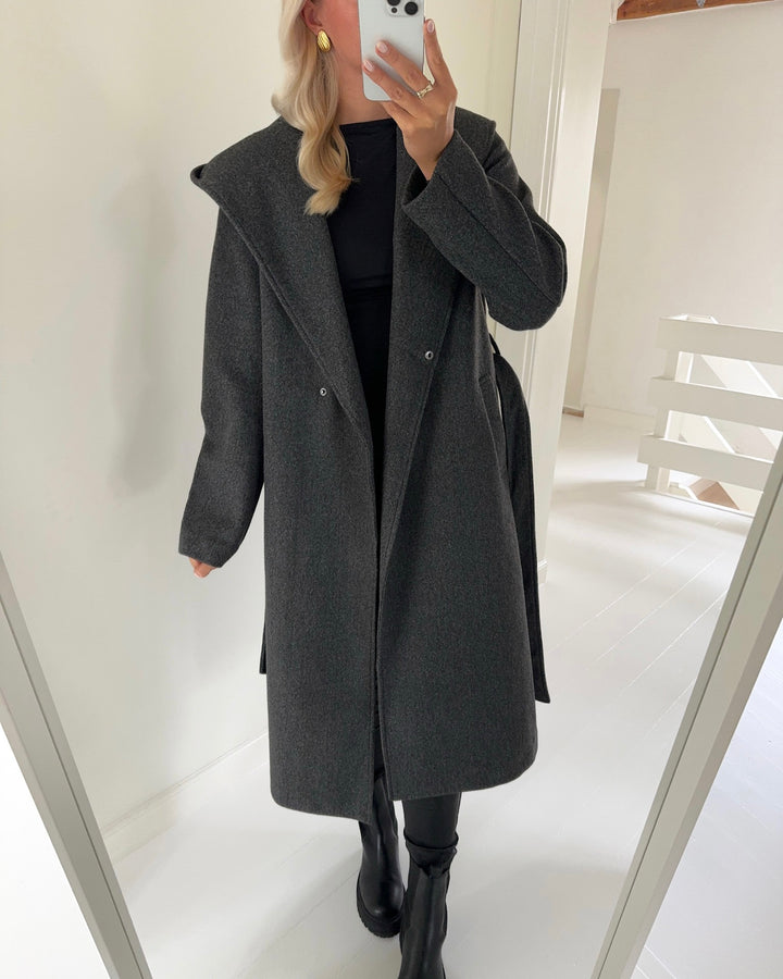 Vero Moda frakke fortunekimi hood long dark grey melange - FORUDBESTILLING LEV. UGE 46