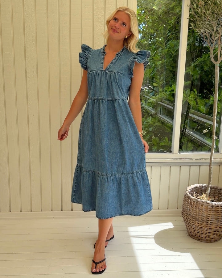 Only kjole shania sl frill medium blue denim