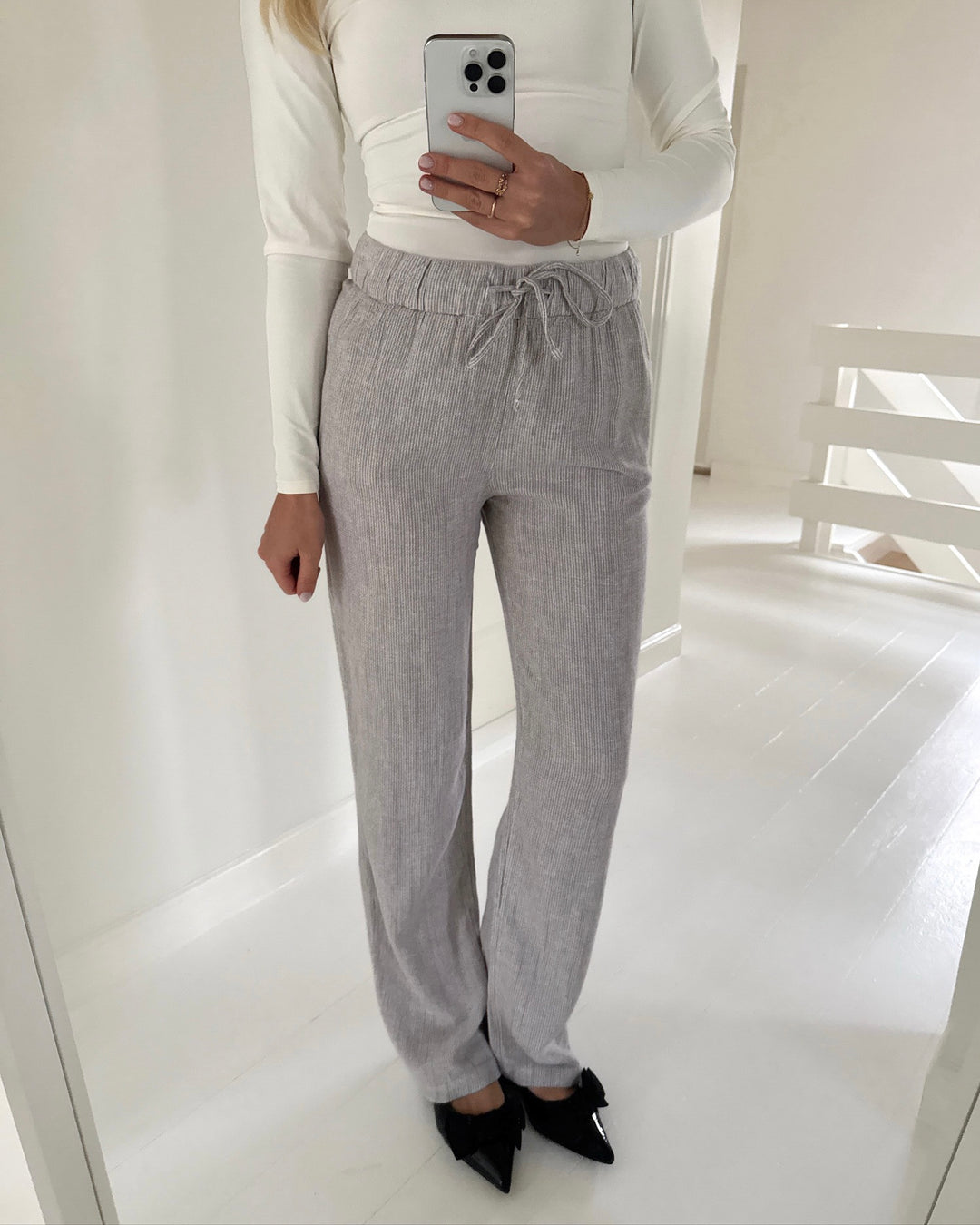 Vero Moda bukser line mr wide linen mix stripe moon rock snow white