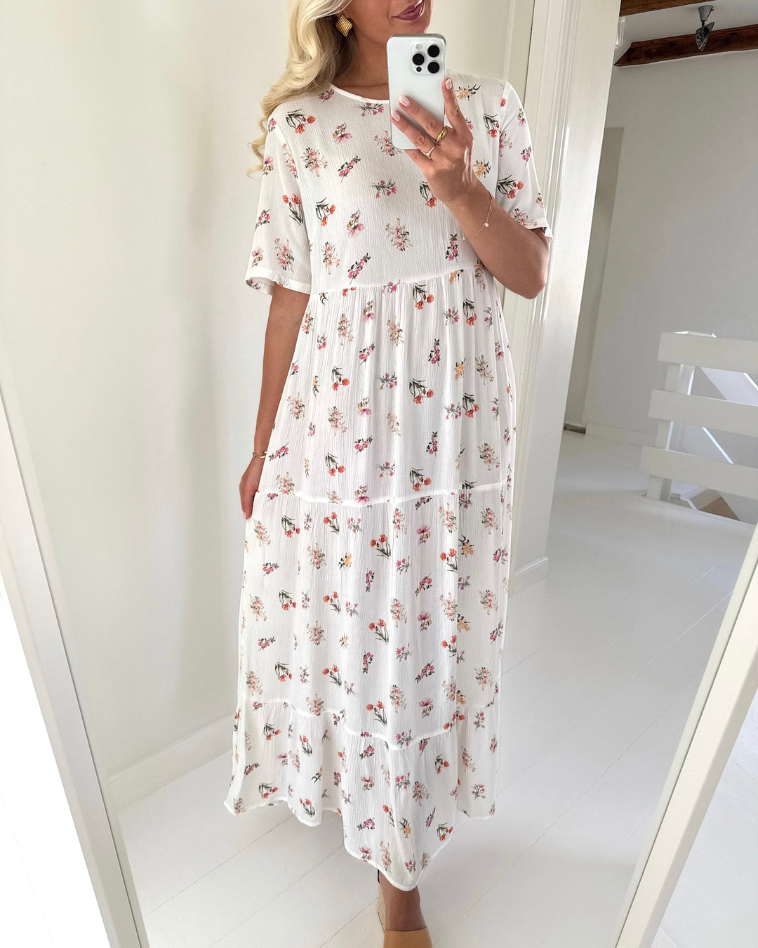 Pieces kjole evie ss ankle bright white/new flower