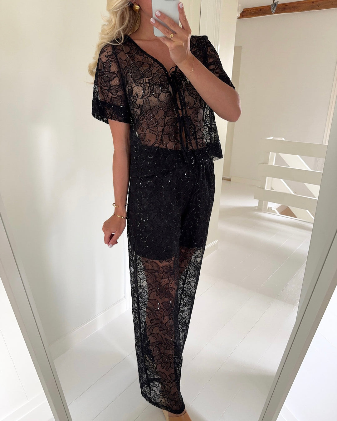 Pieces bukser louise hw straight tone black black sequins