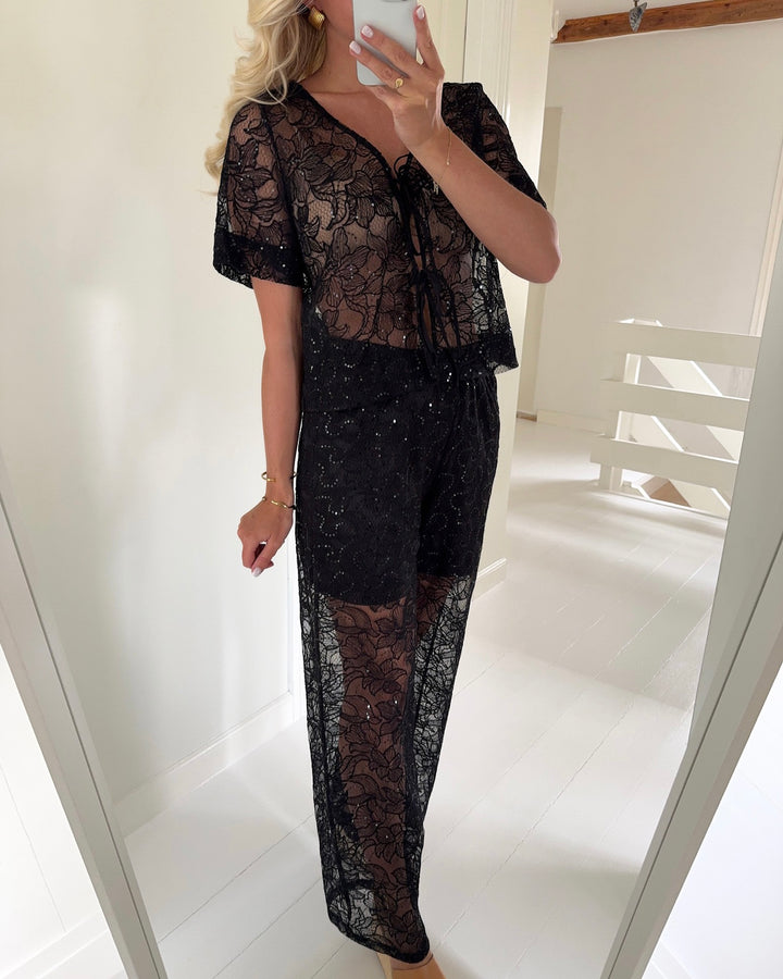 Pieces bukser louise hw straight tone black black sequins