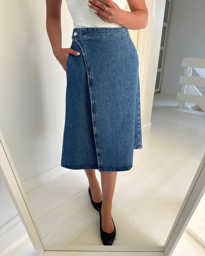 Only nederdel thea wrap midi denim medium blue denim