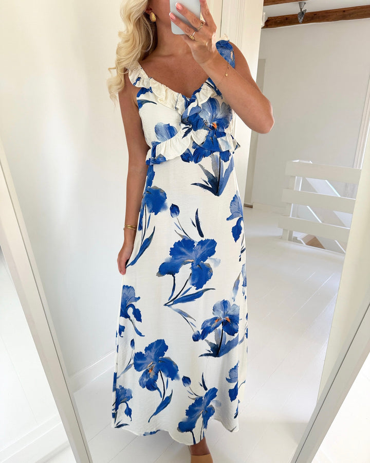 Only kjole hyaci sl frill long bright white big blue