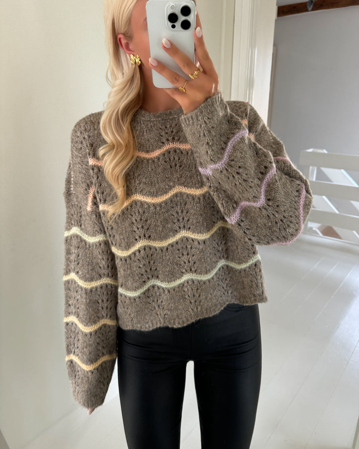 Vero Moda striktrøje hatty ls o-neck stitch moon rock/w. space dye