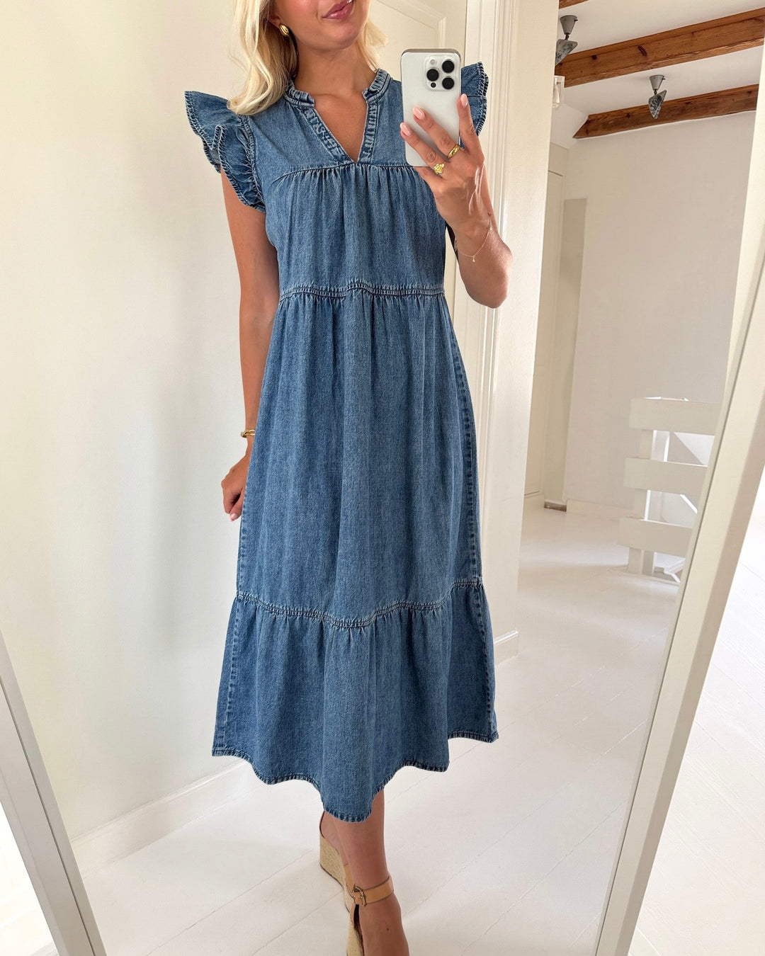 Only kjole shania sl frill medium blue denim