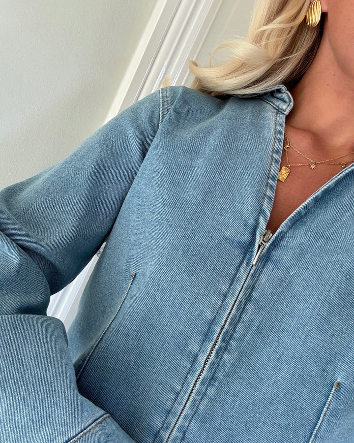 Only skjorte frida ls zip denim light medium blue denim