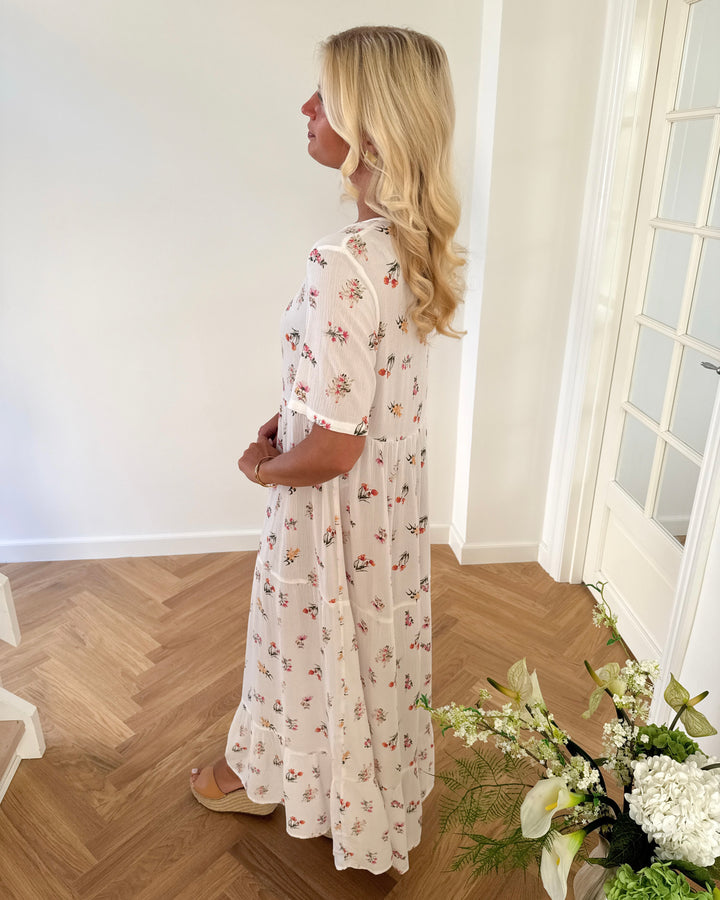 Pieces kjole evie ss ankle bright white/new flower