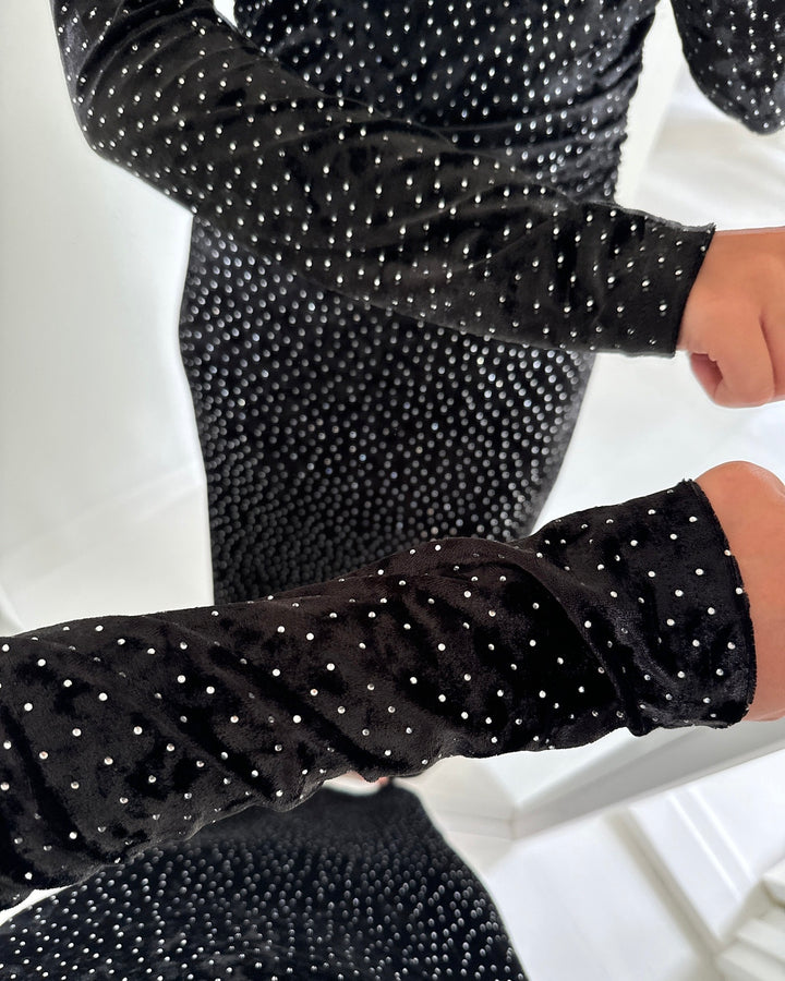 Y.A.S kjole tillia ls velvet long black/w. rhinestones