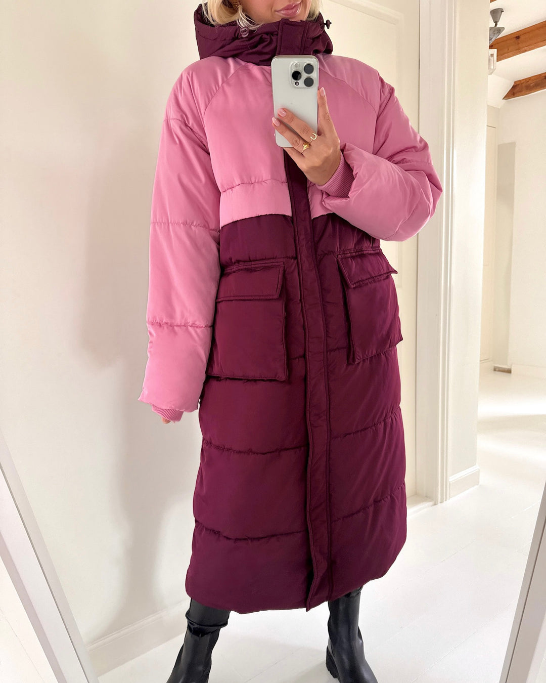Y.A.S frakke sof long blocked padded fig/cashmere rose/blocking
