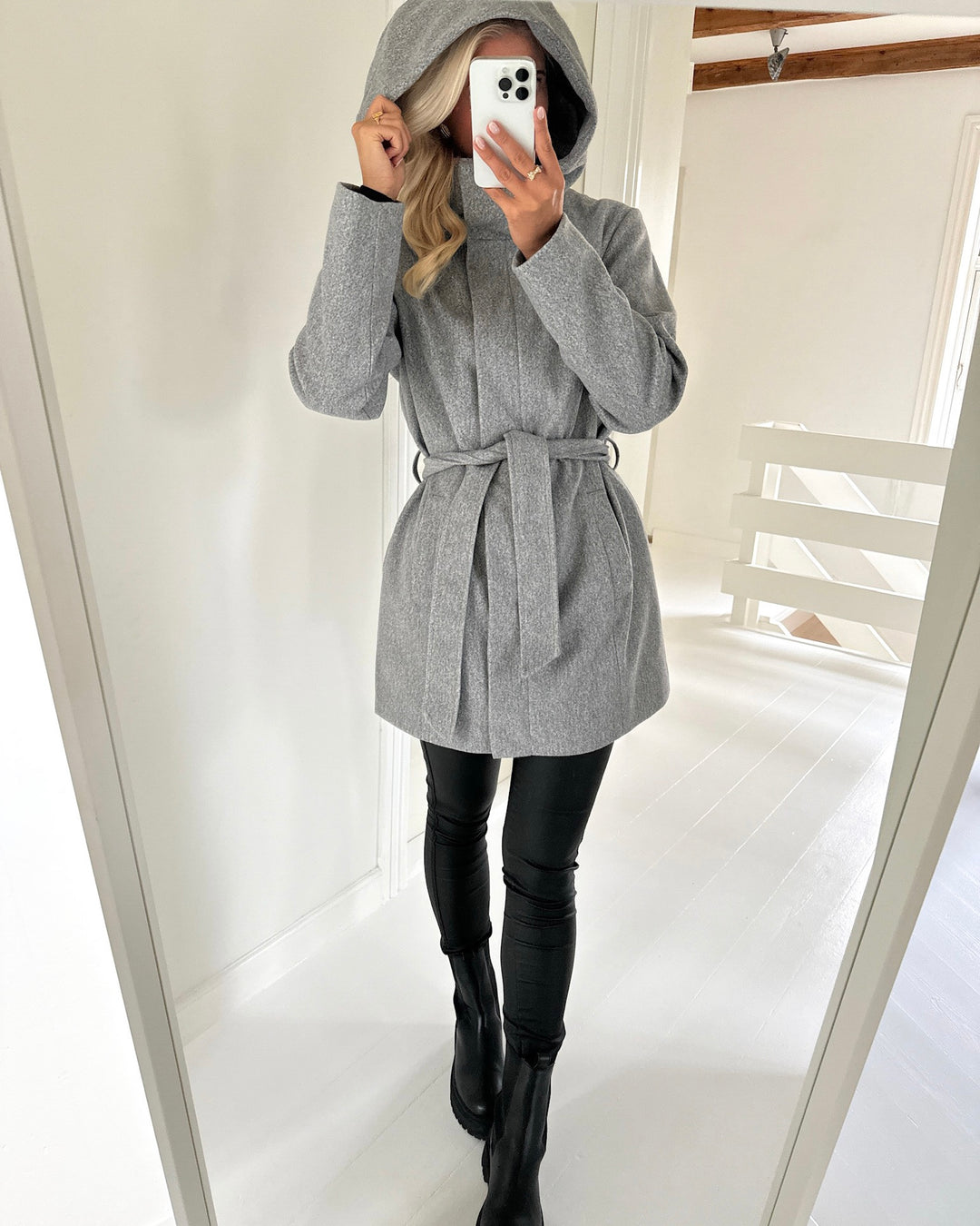 JDY frakke viola life hood belt light grey melange