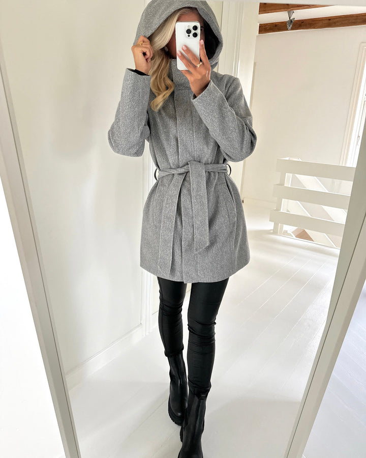 JDY frakke viola life hood belt light grey melange