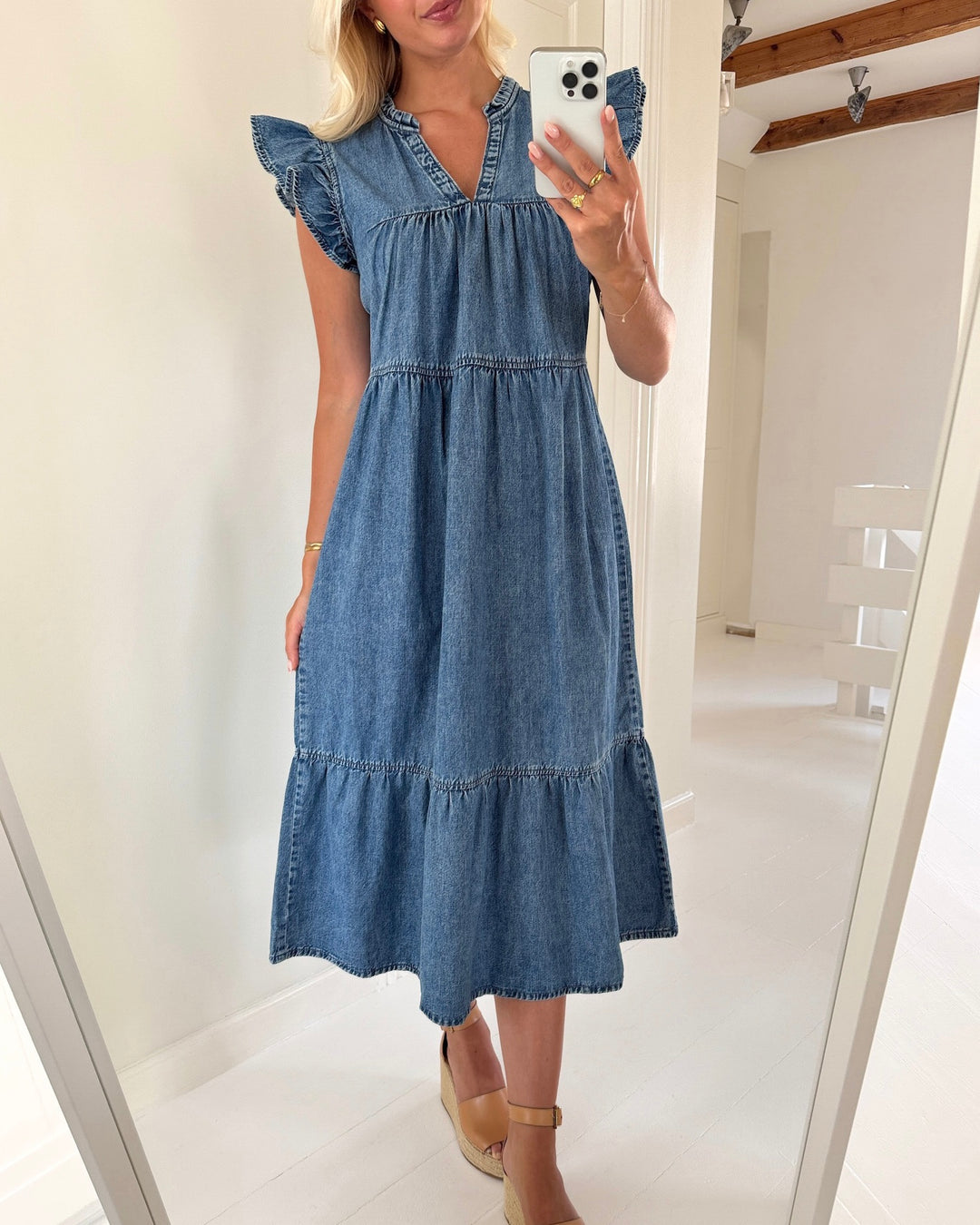 Only kjole shania sl frill medium blue denim