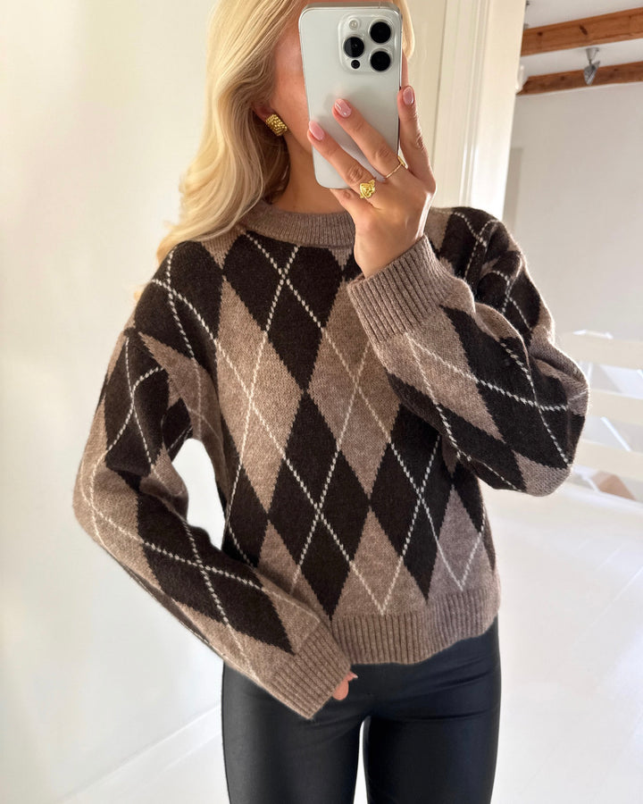 JDY striktrøje bianka ls argyle knit chocolate torte argyle