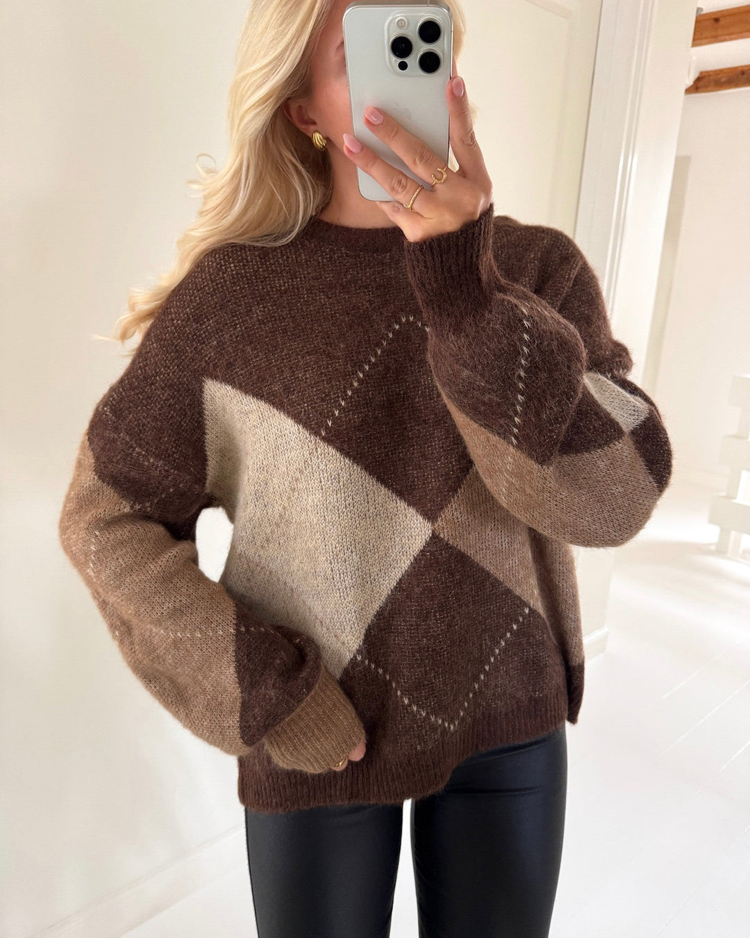 Only striktrøje noeme life ls o-neck knit chestnut cocoa creme/biscotti/melange/argyle