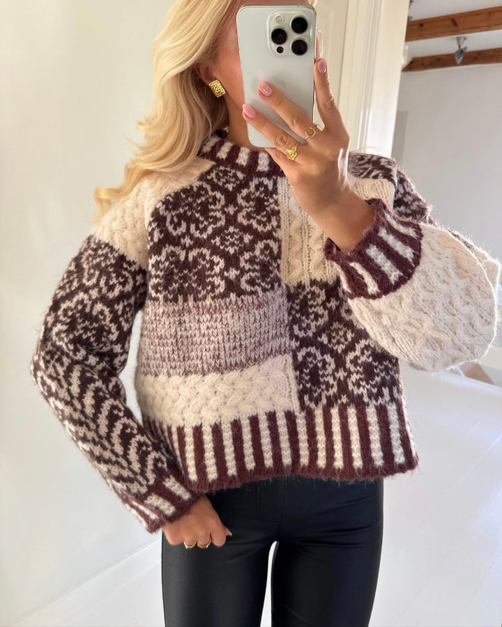 Pieces striktrøje fusion ls o-neck knit greige/natural tones colorblock
