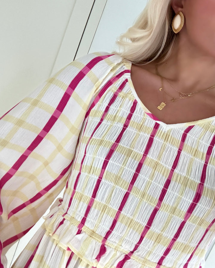 Y.A.S kjole meza ls smock star white/w. pink/yellow check