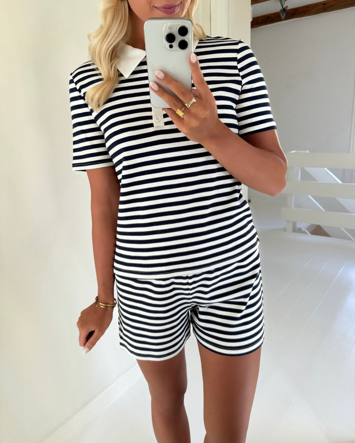 Pieces polo donna ss rib maritime blue/cloud dancer