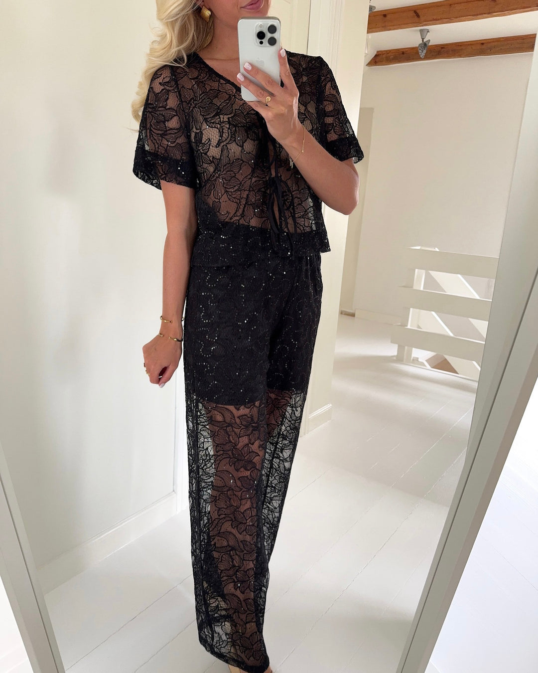 Pieces bukser louise hw straight tone black black sequins