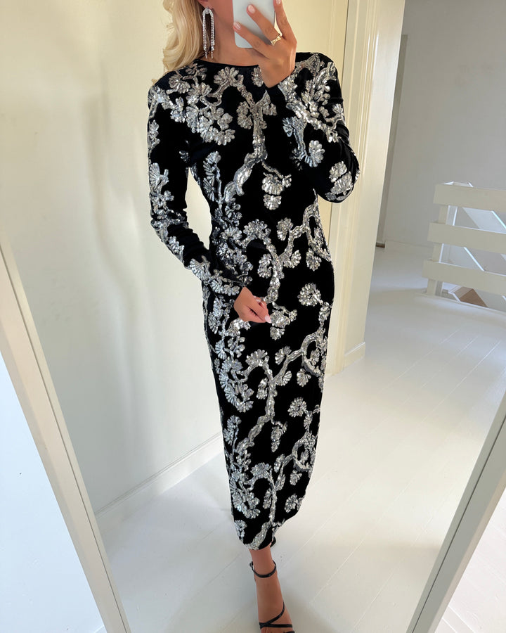 Y.A.S kjole florana ls long black/silver sequins