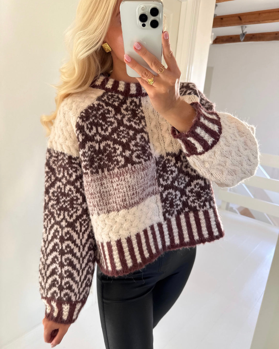Pieces striktrøje fusion ls o-neck knit greige/natural tones colorblock