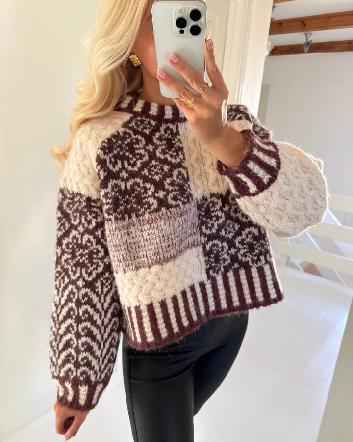 Pieces striktrøje fusion ls o-neck knit greige/natural tones colorblock