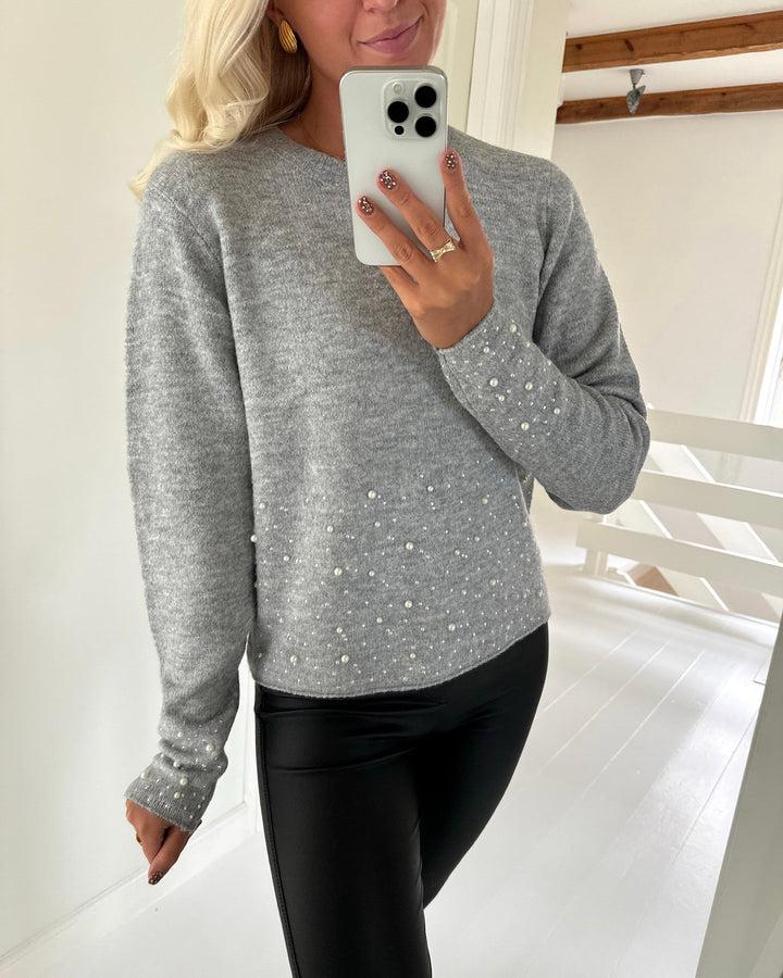 JDY striktrøje pearl ls o-neck pearl light grey melange/white pearl