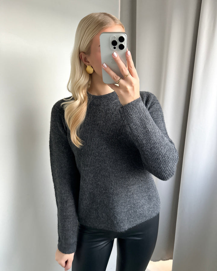 Pieces striktrøje ellen ls o-neck dark grey melange