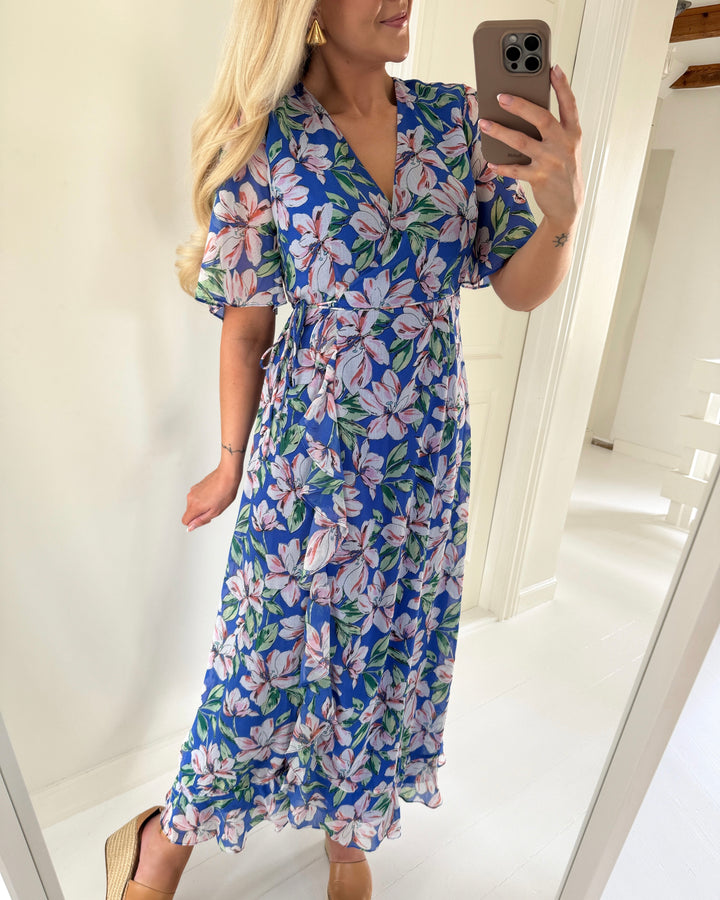 Vero Moda kjole zille 2/4 wrap maxi dazzling blue/big flower