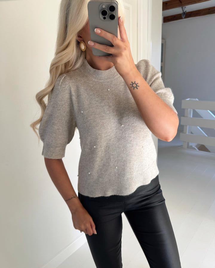 JDY striktrøje rue life 2/4 pearl knt chateau gray/melange white pearls