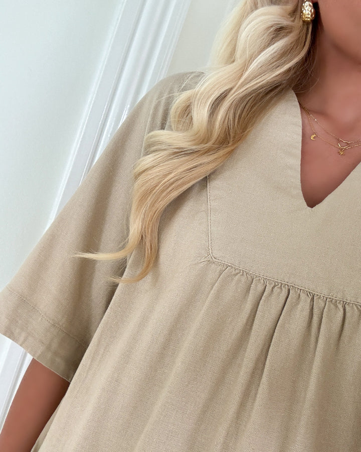 Only bluse caro 2/4 v-neck linen bl oxford tan