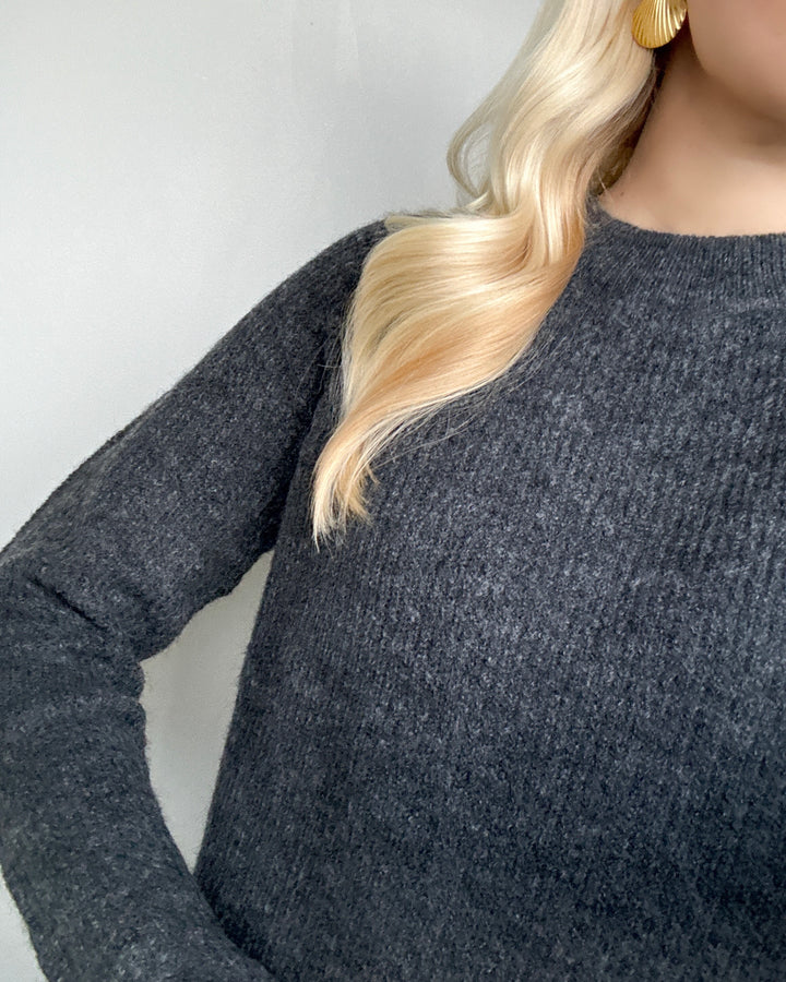 Pieces striktrøje ellen ls o-neck dark grey melange