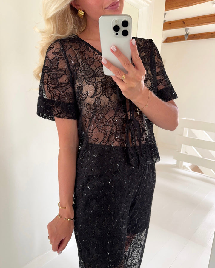 Pieces top louise 2/4 v-neck tie black