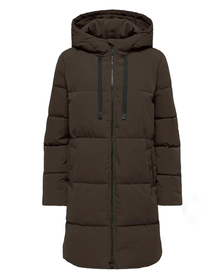 JDY jakke blair long hood puffer chocolate torte contrast black